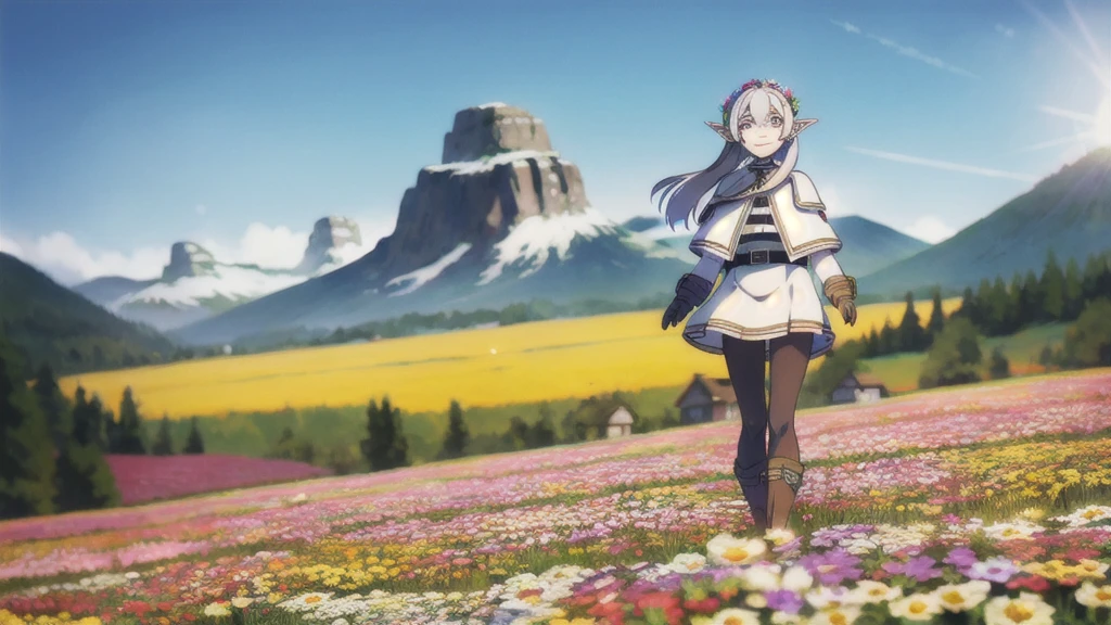 masterpiece,high quality,alone,
smile,Part your lips,
Freezing,1 Elf Girl,
Capelet,Jacket,Striped shirt,
belt,skirt,
pantyhose,
boots,
flower,Wind,sunlight,Blurry,
whole body,flower field,flower弁,cloud,Mountain,