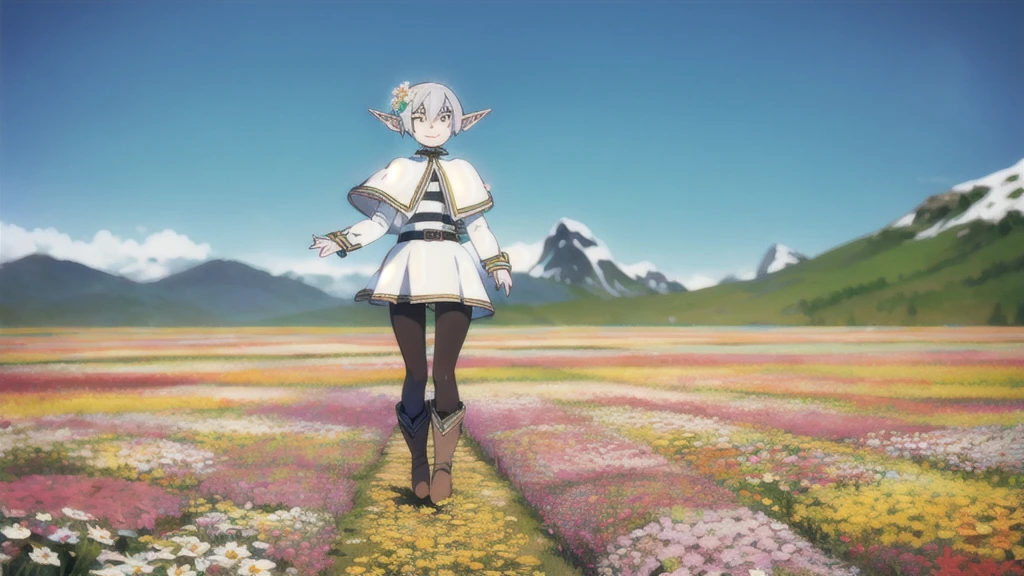 masterpiece,high quality,alone,
smile,Part your lips,
Freezing,1 Elf Girl,
Capelet,Jacket,Striped shirt,
belt,skirt,
pantyhose,
boots,
flower,Wind,sunlight,Blurry,
whole body,flower field,flower弁,cloud,Mountain,