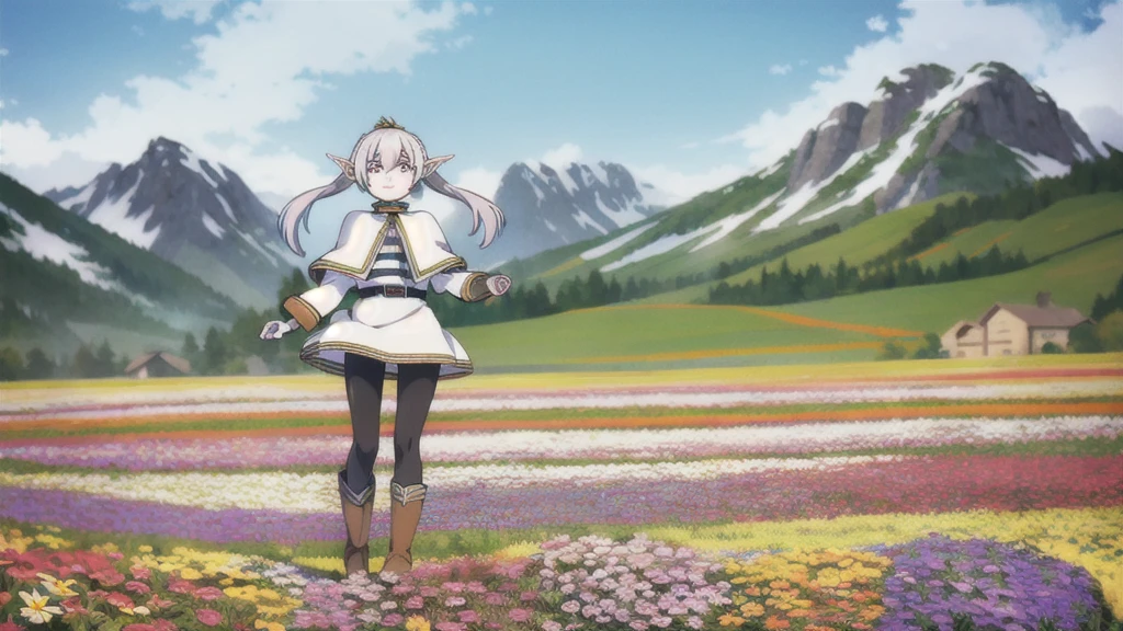 masterpiece,high quality,alone,
smile,Part your lips,
Freezing,1 Elf Girl,
Capelet,Jacket,Striped shirt,
belt,skirt,
pantyhose,
boots,
flower,Wind,sunlight,Blurry,
whole body,flower field,flower弁,cloud,Mountain,