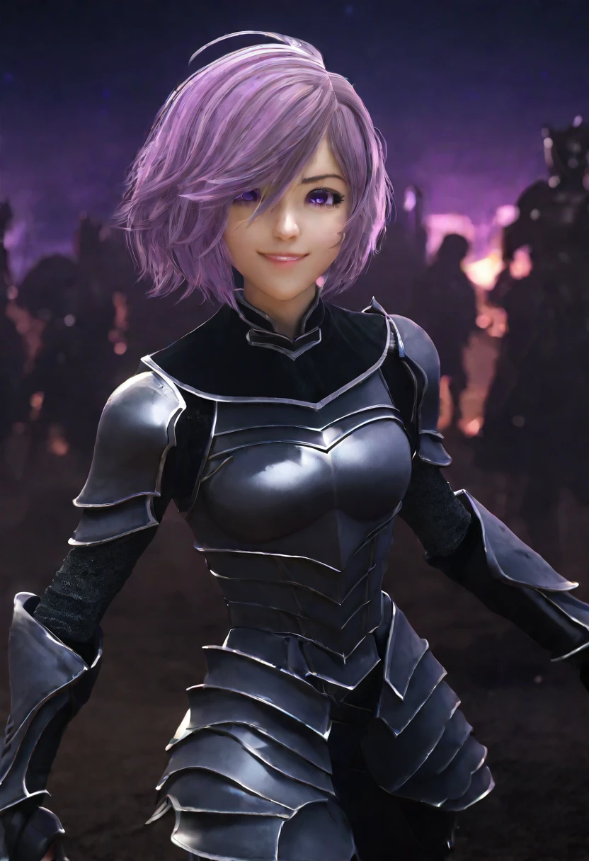 (masterpiece, top quality, best quality, beautiful and aesthetic:1.2), full body, SFW, extremely detailed, detailed face and eyes, cinematic light, depth of field, 1girl, seducing smile, solo, official, (full armored knight:1.4), dark armor, mash kyrielight, light purple hair, short hair, hair over one eye, slim body, cinematic lighting, dramatic lighting, dramatic atmosphere, hyper-realistic, high resolution, stunning contrast, high quality, best quality, 8k, 4k, intricately detailed, (amazing details:1.2), highly detailed skin, powerful presence, vibrant colors, (detailed eyes:1.2), striking eyes, (detailed background), (warzone on background, night, ruins), (dynamic angle:1.2), (dynamic pose:1.2)