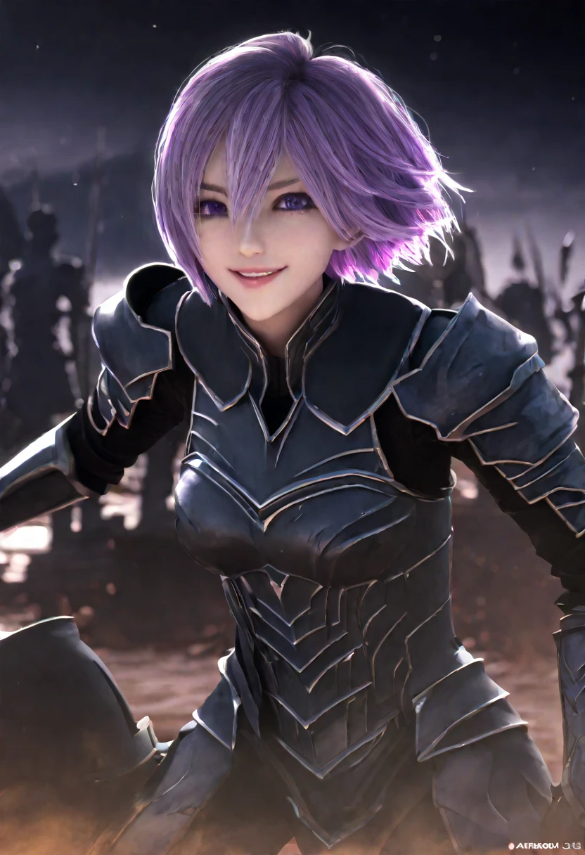 (masterpiece, top quality, best quality, beautiful and aesthetic:1.2), full body, SFW, extremely detailed, detailed face and eyes, cinematic light, depth of field, 1girl, seducing smile, solo, official, (full armored knight:1.4), dark armor, mash kyrielight, light purple hair, short hair, hair over one eye, slim body, cinematic lighting, dramatic lighting, dramatic atmosphere, hyper-realistic, high resolution, stunning contrast, high quality, best quality, 8k, 4k, intricately detailed, (amazing details:1.2), highly detailed skin, powerful presence, vibrant colors, (detailed eyes:1.2), striking eyes, (detailed background), (warzone on background, night, ruins), (dynamic angle:1.2), (dynamic pose:1.2)