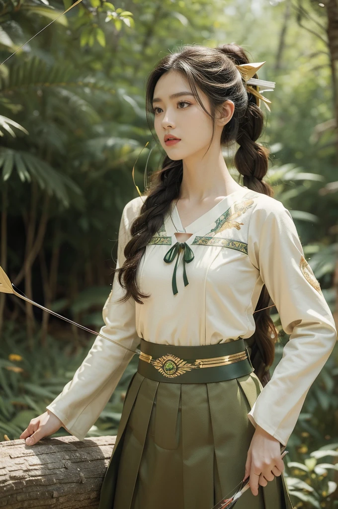 (((best quality))),(((ultra detailed))),(((masterpiece))),illustration, 1girl,solo,slim,thin,flat chest,small breasts, Brunette, Manchurian archer, summery subarctic forest,short ponytail, piercing green eyes, traditional Manchurian costume, vibrant blue, golden embroidery, pleated skirt, broad belt, deerskin boots, lush forest, tall trees, canopy of leaves, sunlight, crisp air, birds chirping, leaves rustling, serene setting, archery,(bow and arrow:1.3), grace and power, strength and resilience, natural beauty,((standing,upper body))