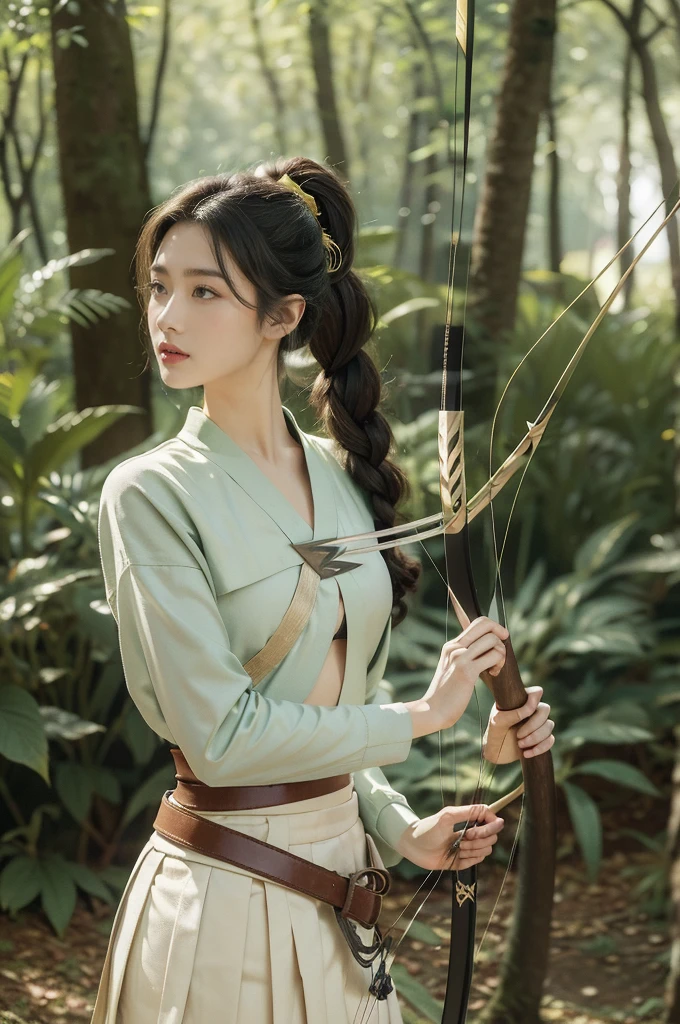 (((best quality))),(((ultra detailed))),(((masterpiece))),illustration, 1girl,solo,slim,thin,flat chest,small breasts, Brunette, Manchurian archer, summery subarctic forest,short ponytail, piercing green eyes, traditional Manchurian costume, vibrant blue, golden embroidery, pleated skirt, broad belt, deerskin boots, lush forest, tall trees, canopy of leaves, sunlight, crisp air, birds chirping, leaves rustling, serene setting, archery,(bow and arrow:1.3), grace and power, strength and resilience, natural beauty,((standing,upper body))