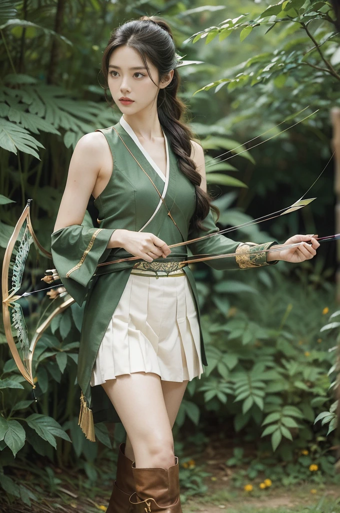 (((best quality))),(((ultra detailed))),(((masterpiece))),illustration, 1girl,solo,slim,thin,flat chest,small breasts, Brunette, Manchurian archer, summery subarctic forest,short ponytail, piercing green eyes, traditional Manchurian costume, vibrant blue, golden embroidery, pleated skirt, broad belt, deerskin boots, lush forest, tall trees, canopy of leaves, sunlight, crisp air, birds chirping, leaves rustling, serene setting, archery,(bow and arrow:1.3), grace and power, strength and resilience, natural beauty,((standing,upper body))