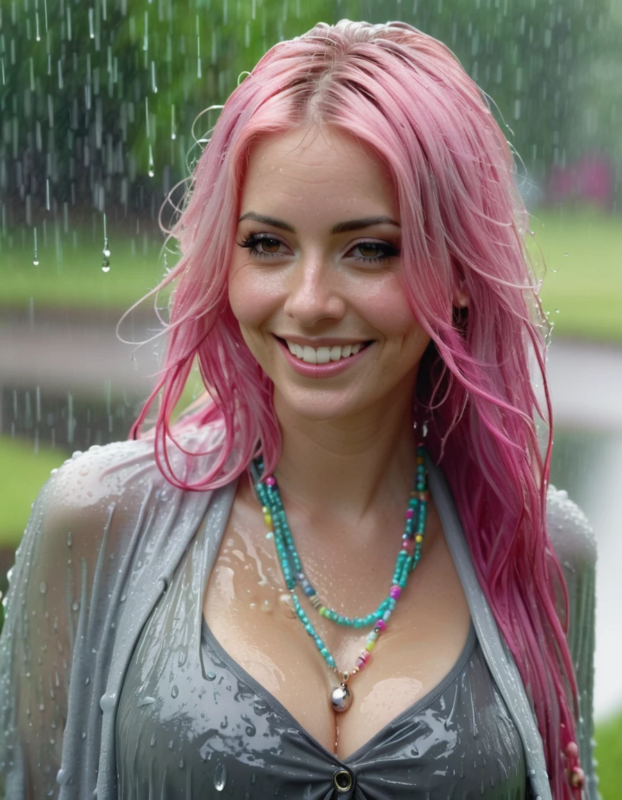 beautiful Woman with long pink hair, walking in the summer rain, ((in a city park)), ((fully clothed)),((rain)), light grey cardigan), bracelets, jewelry, beads, closeup fantasy with water magic, housewife, overcast, humid, tropical, summery palette, playful, gentle smile, clothes made of water, photorealistic, dripping wet hair, beautiful realistic photo, hyperrealistic fantasy photo, close up, narrow depth of field, 8k, ((drenched)), ((soaked)), (dripping water), heavy clothes, medium breasts, lawn, wet all over, pink hair, wet dripping hair, varied poses,far away shot,wide angle shot
