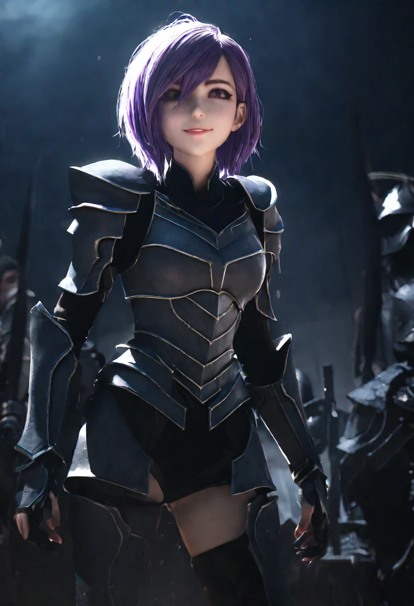 (masterpiece, top quality, best quality, beautiful and aesthetic:1.2), full body, SFW, extremely detailed, detailed face and eyes, cinematic light, depth of field, 1girl, seducing smile, solo, official, (full armored knight:1.4), dark armor, mash kyrielight, light purple hair, short hair, hair over one eye, slim body, cinematic lighting, dramatic lighting, dramatic atmosphere, hyper-realistic, high resolution, stunning contrast, high quality, best quality, 8k, 4k, intricately detailed, (amazing details:1.2), highly detailed skin, powerful presence, vibrant colors, (detailed eyes:1.2), striking eyes, (detailed background), (warzone on background, night, ruins), (dynamic angle:1.2), (dynamic pose:1.2)