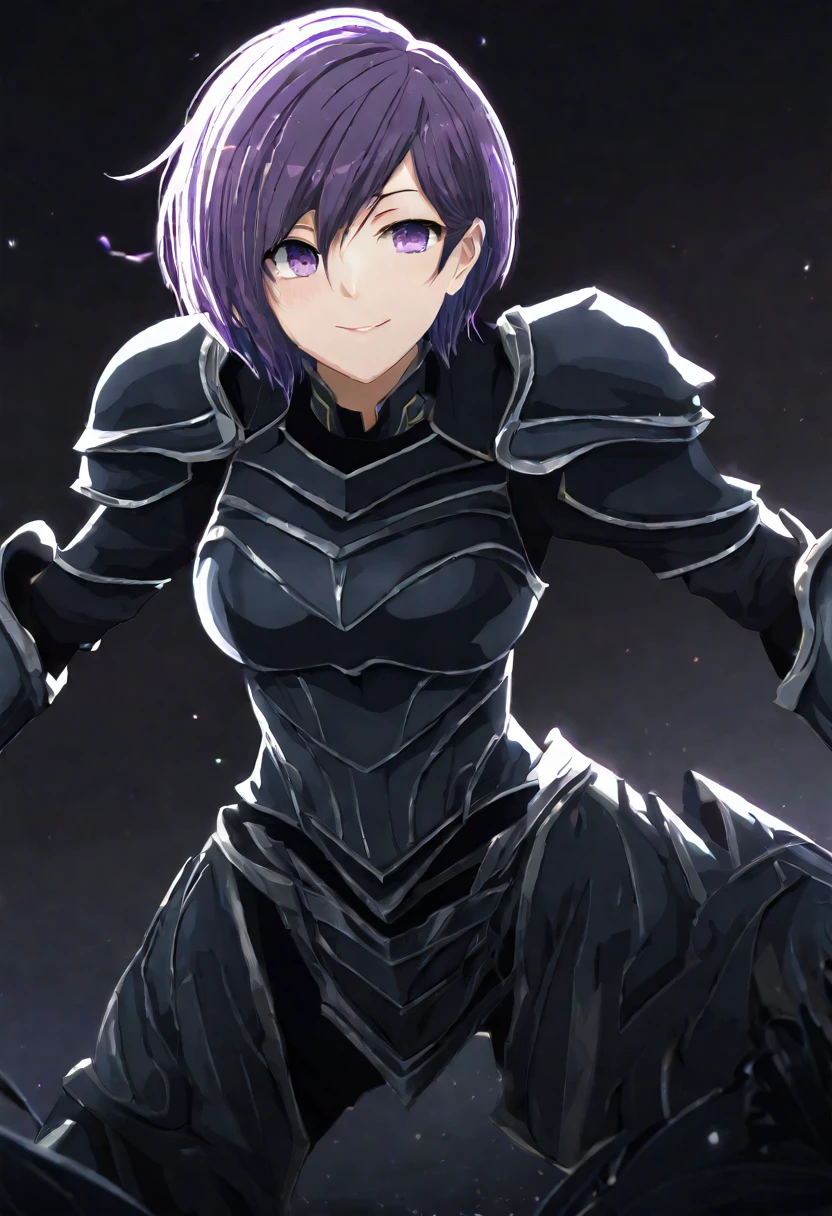 (masterpiece, top quality, best quality, beautiful and aesthetic:1.2), full body, SFW, extremely detailed, detailed face and eyes, cinematic light, depth of field, 1girl, seducing smile, solo, official, (full armored knight:1.4), dark armor, mash kyrielight, light purple hair, short hair, hair over one eye, slim body, cinematic lighting, dramatic lighting, dramatic atmosphere, hyper-realistic, high resolution, stunning contrast, high quality, best quality, 8k, 4k, intricately detailed, (amazing details:1.2), highly detailed skin, powerful presence, vibrant colors, (detailed eyes:1.2), striking eyes, (detailed background), (warzone on background, night, ruins), (dynamic angle:1.2), (dynamic pose:1.2)