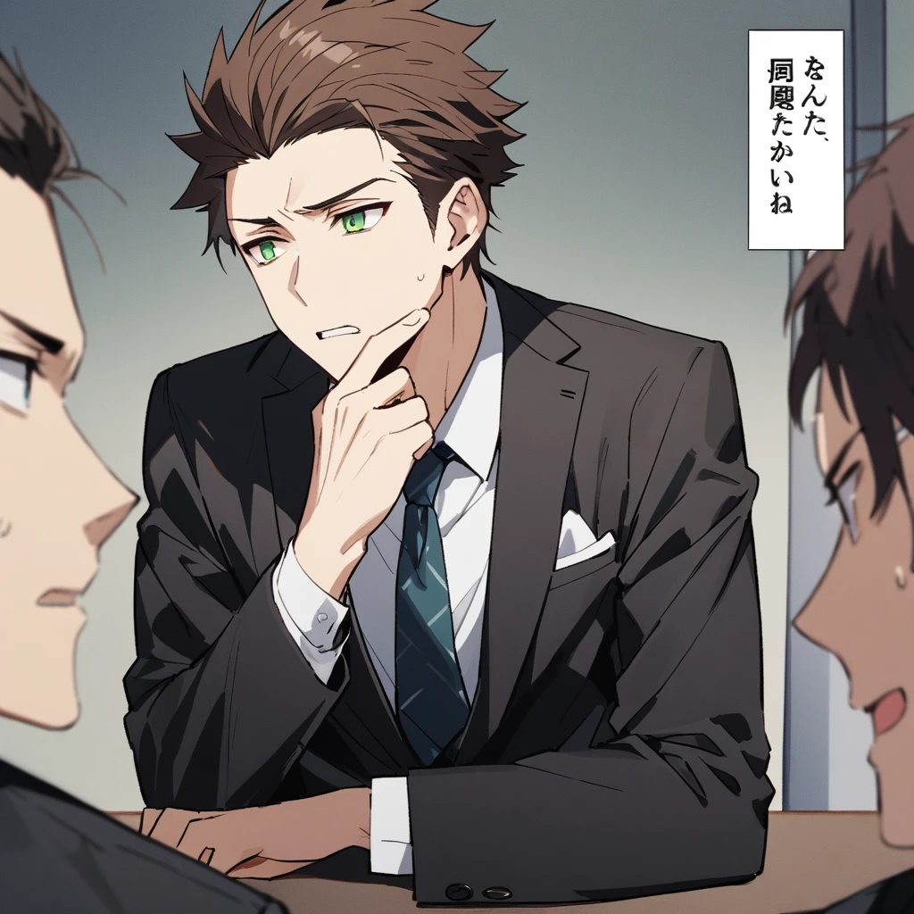 A 25-year-old male with brown hair and green eyes.、Wearing a suit、In an office conference room、He has a panicked look on his face.