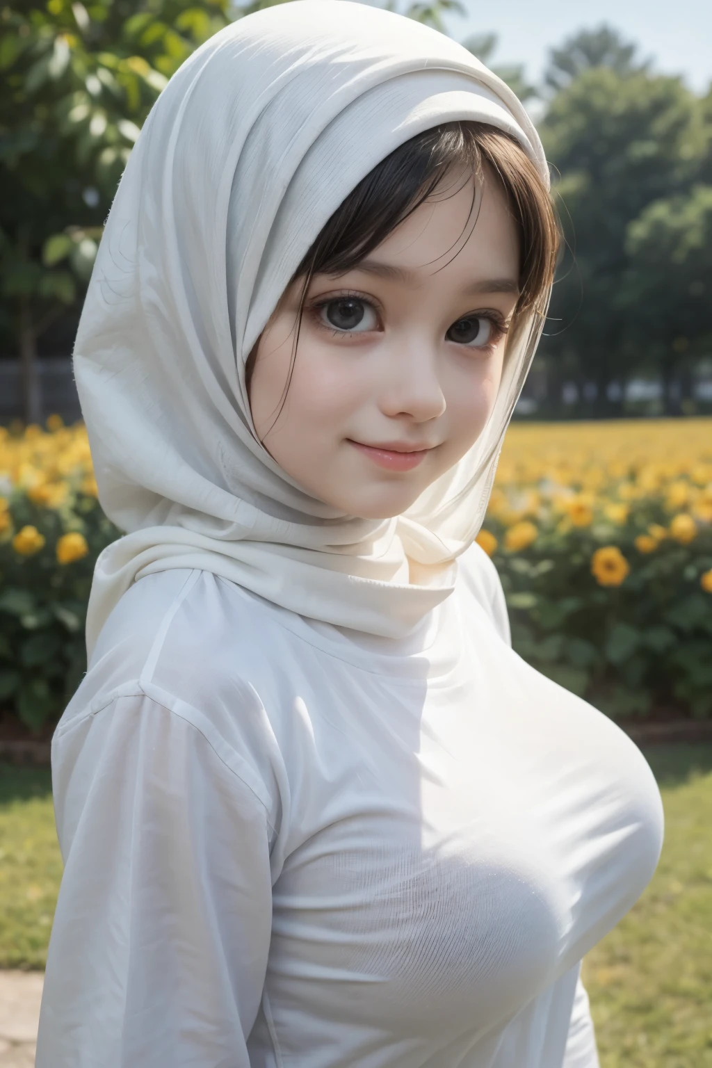 Chubby adorable, 1 girl, (face to face), , baby face, happy, half body portrait, (face details: 1), (eye details: 1), ((big breasts)). wearing transparent transparency soft long shirt, hijab, .. Cute posed. proportional body. Ultra High Res. realistic: 1.4, UHD, (floral pattern), view from side seductive pose