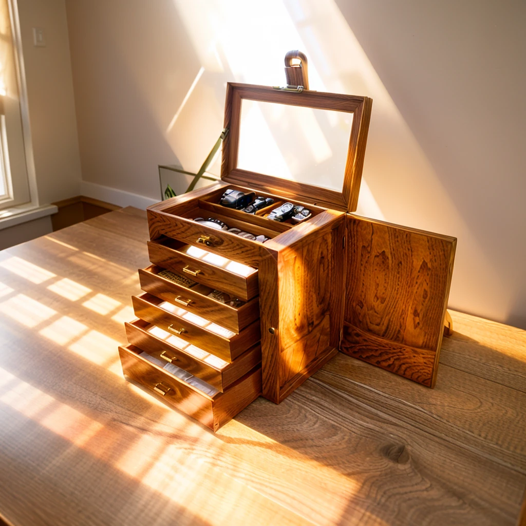 In this cozy room,A ray of sunlight shone through the half-drawn curtains on the table,Let the wood grain on the watch storage box shine with a faint luster。There was a calm and peaceful atmosphere in the air around them。There are several still lifes hanging on the walls of the room,It adds a touch of elegance to the space。And on the other side of the room,The half-open window lets in the breeze,The pages on the small desk by the window turned in the wind,This quiet scene gives a sense of tranquility and comfort。Soft sunlight falls on the box,Make its surface appear faintly shadowed。These shades make the texture of the box richer,More three-dimensional。The shadow of the box contrasts sharply with its surroundings,It also shows the delicacy and texture of the watch storage box。