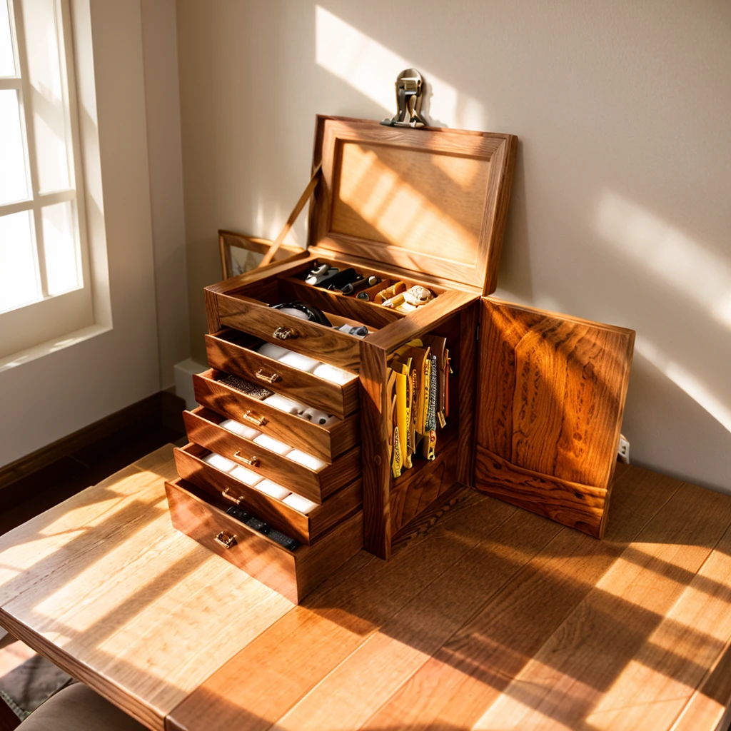 In this cozy room，A ray of sunlight shone through the half-drawn curtains on the table，Let the wood grain on the watch storage box shine with a faint luster。There was a calm and peaceful atmosphere in the air around them。There are several still lifes hanging on the walls of the room，It adds a touch of elegance to the space。And on the other side of the room，The half-open window lets in the breeze，The pages on the small desk by the window turned in the wind，This quiet scene gives a sense of tranquility and comfort。Soft sunlight falls on the box，Make its surface appear faintly shadowed。These shades make the texture of the box richer，More three-dimensional。The shadow of the box contrasts sharply with its surroundings，It also shows the delicacy and texture of the watch storage box。