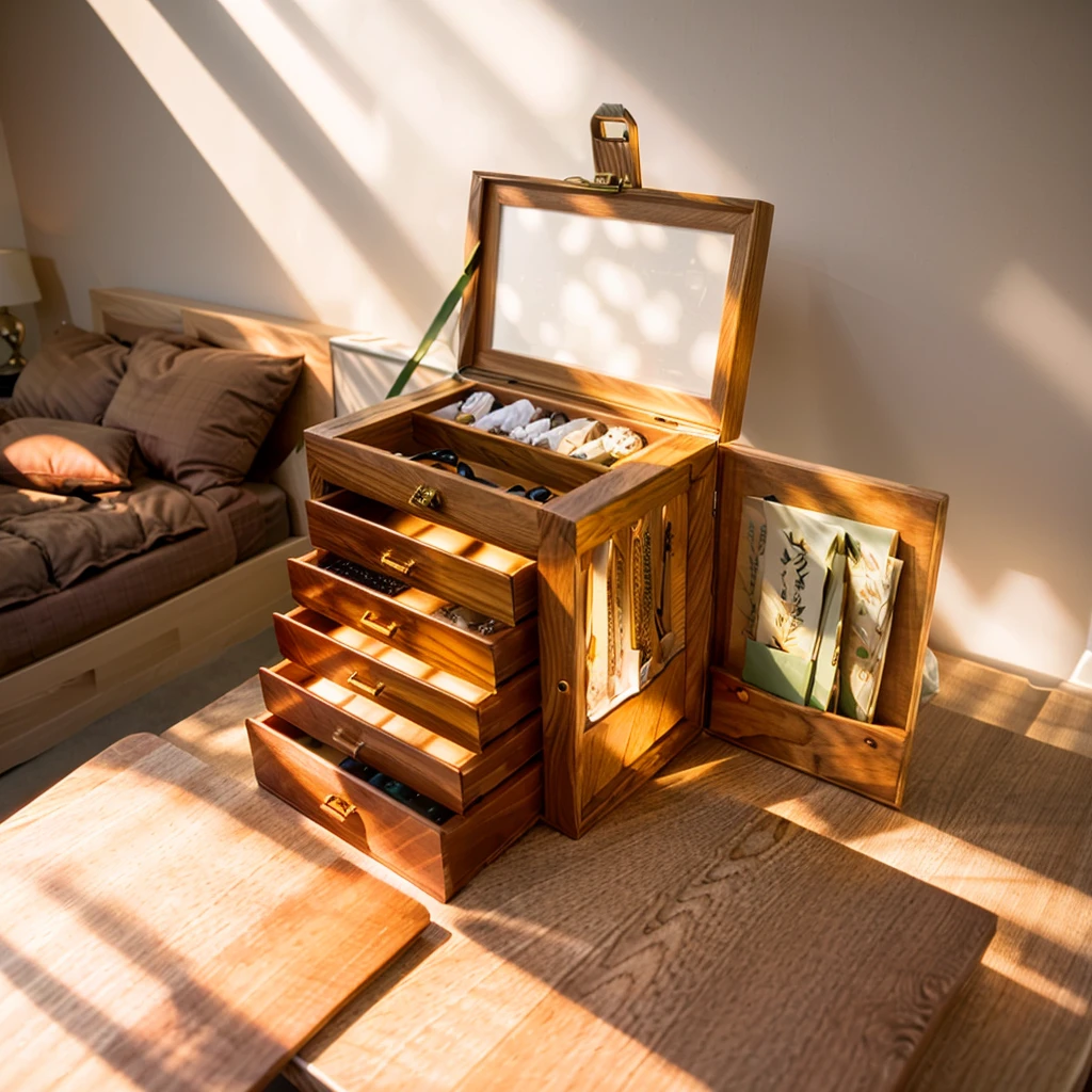 In this cozy room,A ray of sunlight shone through the half-drawn curtains on the table,Let the wood grain on the watch storage box shine with a faint luster。There was a calm and peaceful atmosphere in the air around them。There are several still lifes hanging on the walls of the room,It adds a touch of elegance to the space。And on the other side of the room,The half-open window lets in the breeze,The pages on the small desk by the window turned in the wind,This quiet scene gives a sense of tranquility and comfort。Soft sunlight falls on the box,Make its surface appear faintly shadowed。These shades make the texture of the box richer,More three-dimensional。The shadow of the box contrasts sharply with its surroundings,It also shows the delicacy and texture of the watch storage box。