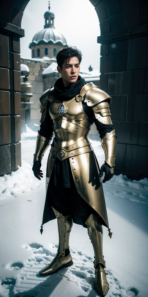 超High resolution, Highest quality, photograph, 4K, (photographrealistic: 1.4), Cinema Lighting, Shirtless muscular man, Abs in medieval golden armor, Muscular woman, Medieval gold armored abs, Environment Cyberpunk, Snow and ice environment on background, Ice Cathedral, Portal of the future, 3D light, High resolution, magic, light god, Backlight, Detailed face, Contrasting, Smooth Skin, Soft hands, Correct Anatomy, Five Fingers.