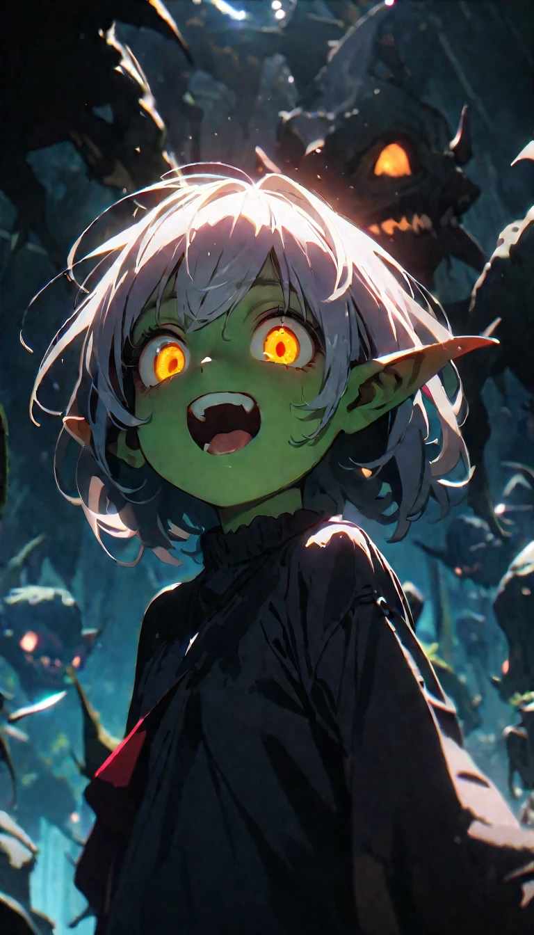 (8K, RAW photos, best quality, masterpiece: 1.4), (((Goblins))),Ultra-high resolution, Extremely detailed, light, Upper body close-up, 阴森的Goblins, White eyes, (Eyes of fear, Eyes are bright:1.2), horrifying,dark, High-quality shadows, Natural Lighting, (White highlights:1.2), night, cloudy day, (at home:1.2), (Floating:1.2)