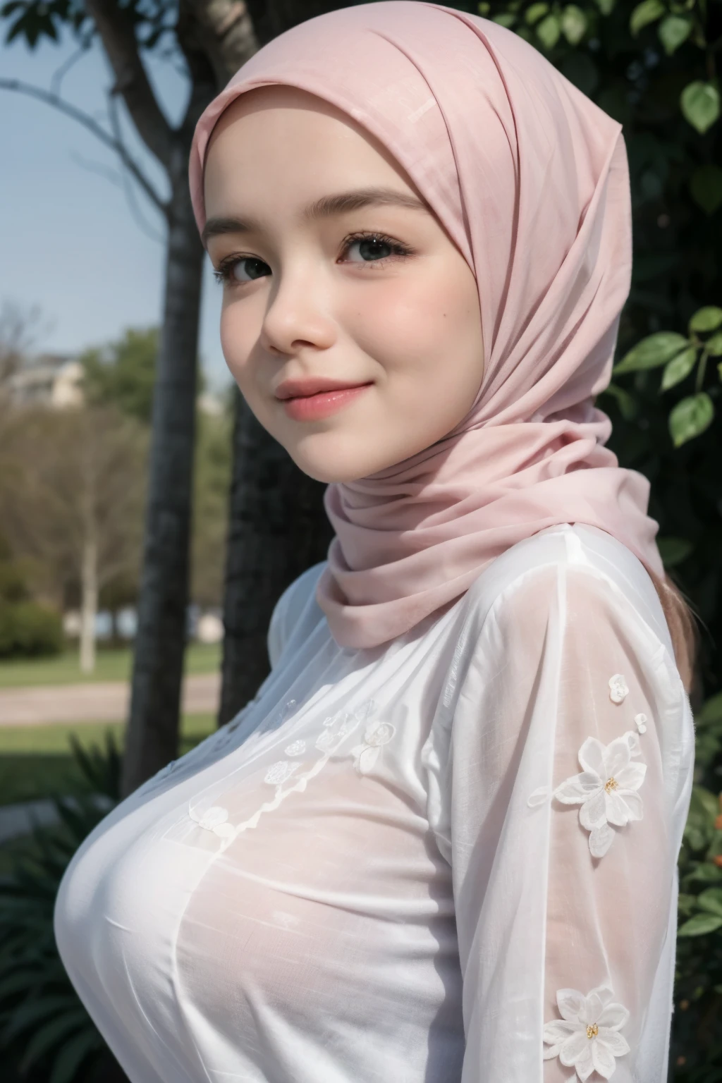 Chubby adorable, 1 girl, (face to face), , baby face, happy, half body portrait, (face details: 1), (eye details: 1), ((big breasts)). wearing transparent transparency softpink long shirt, hijab, .. Cute posed. proportional body. Ultra High Res. realistic: 1.4, UHD, (floral pattern), view from side seductive pose