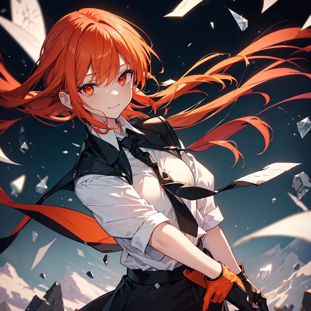 ((((Makima)))) (((Fantasy Orange Hair Long Hair Dull red eyes))) ((Black tie White Shirt)) ((gloves Creepy Smile)) (((Broken glass))) (star) Catch the wind autumn Shining Background Shining Edge