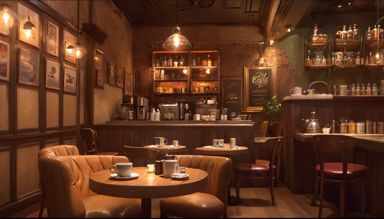 there is a table with a cup of coffee on it in a restaurant, cozy cafe background, detailed an empty jazz cafe, cafe interior, cozy atmosphere, detailed lighting and textures, fantasy bakery interior setting, cafe, coffee shop, pleasant cozy atmosphere, cafe lighting, cosy atmosphere, relaxing concept art, detailed textures and lighting, speakeasy bar background