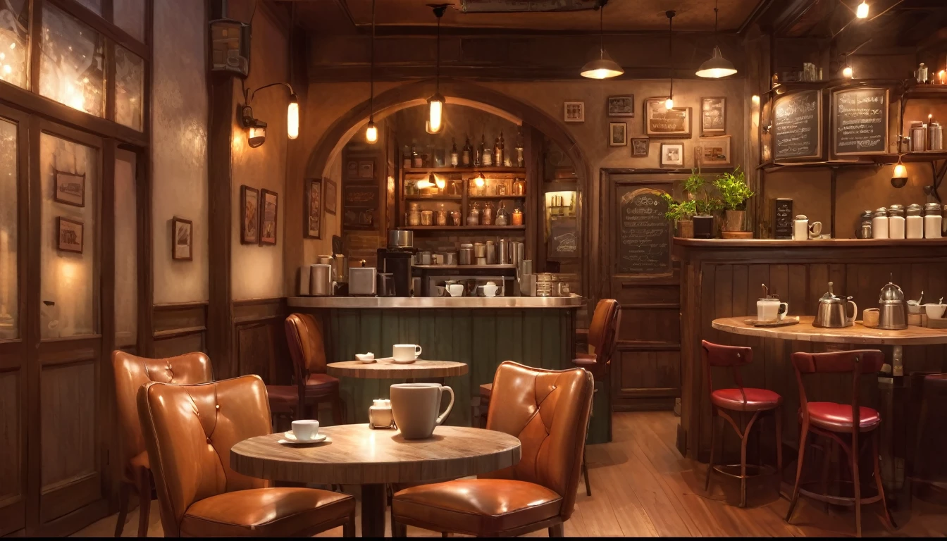there is a table with a cup of coffee on it in a restaurant, cozy cafe background, detailed an empty jazz cafe, cafe interior, cozy atmosphere, detailed lighting and textures, fantasy bakery interior setting, cafe, coffee shop, pleasant cozy atmosphere, cafe lighting, cosy atmosphere, relaxing concept art, detailed textures and lighting, speakeasy bar background