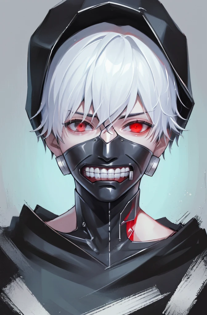 kk, best quality, more details, masterpiece, 1boy, kaneki ken, portrait, close-up,  male focus, red eyes, solo, mask, black nails, bangs, looking at viewer, hood, short hair, black background, hand up, hood up, nail polish, mouth mask, teeth, white hair, black mask, luxurious, 8k, detailed, ray tracing, depth of field, cinematic lighting, blood,