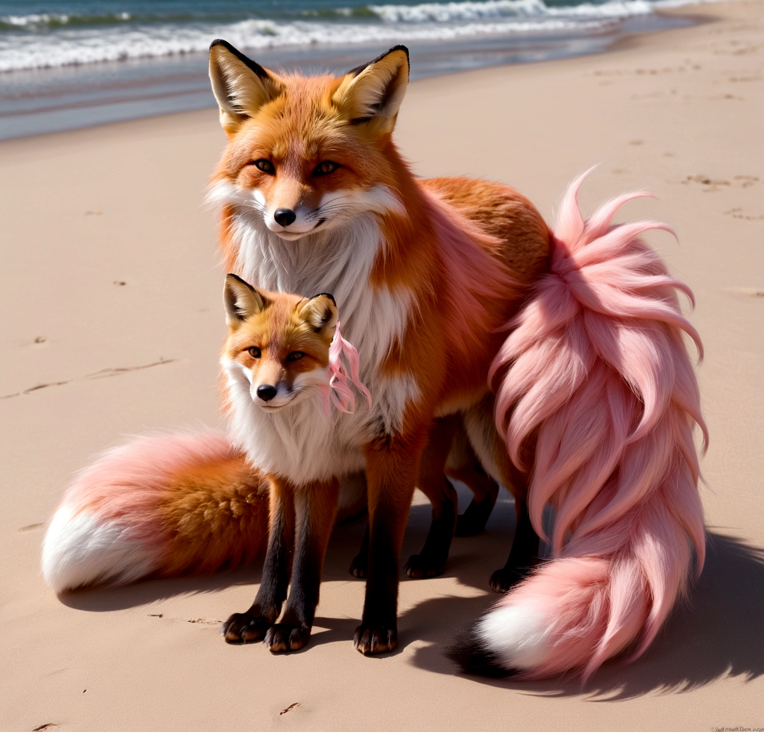 furry female anthro, fox girl, white body fur, Pink hair, paws whit three toes, fucking sister, topless bikini, flat chest,  canine pussy, dick in pussy, small breasts, showing nipples, detailed body fur, detailed body, detailed face, detailed eyes, glistering body, shiny body, skinny, :3, multi females,, body fur, (best quality), detailed beach, clear sky, full body, cinematic lighting, looking at viewer, anime style,