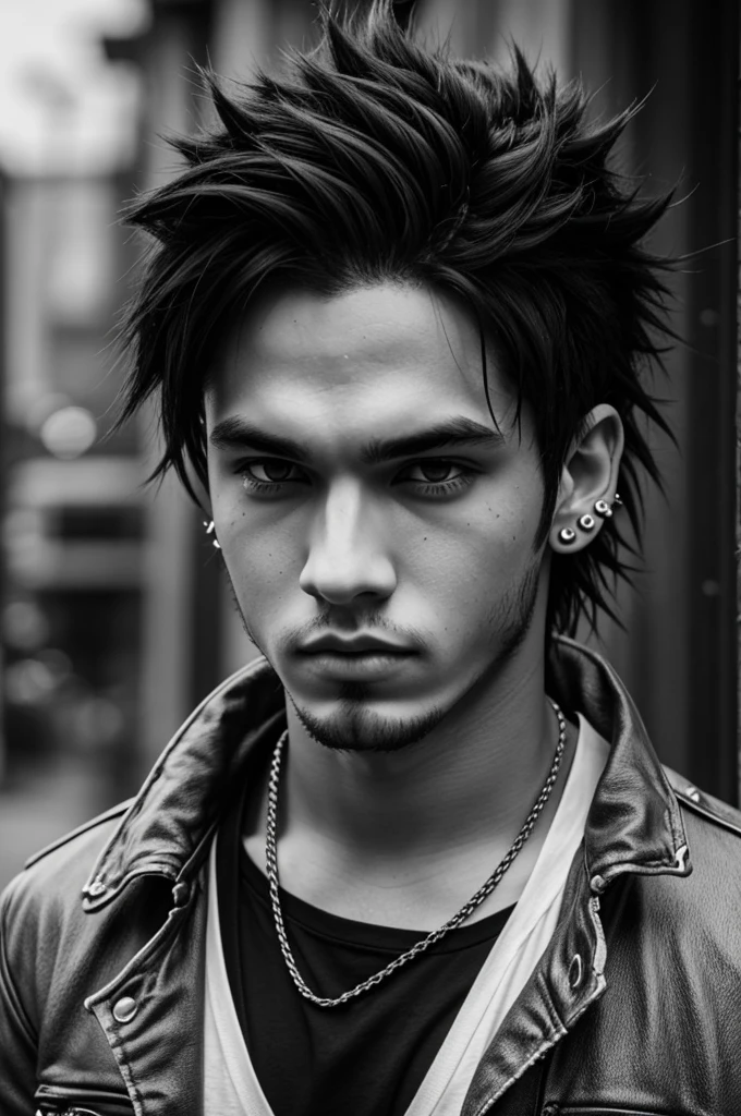 Create a black and white manga panel of a young man with piercings in grunge style clothing and messy hair
