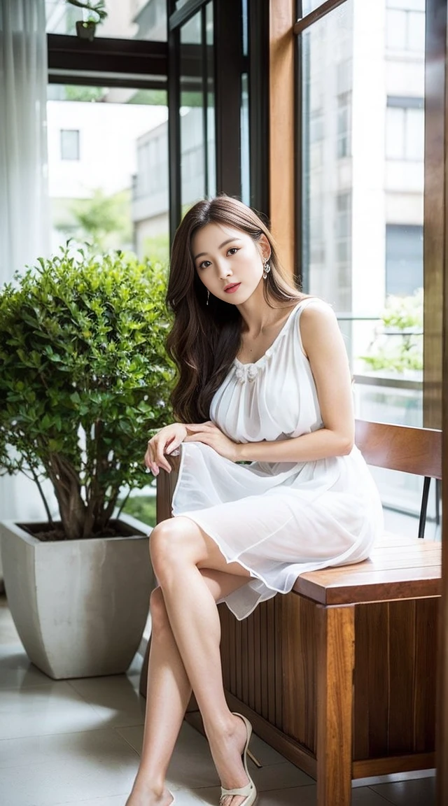 dark brown hair、light brown eyes、Japanese actress face、 lady、looks like him;I'm about 40 years old、(intricate details:1.2)、(Which is the top?:1.4)、 (Super high resolution:1.2)、Super high resolution、(finely tuned)、(detailed facial features)、nffsw、8K resolution、D cup size breasts、long hair、Paris、Parisのカフェ、White flowers bloom at the entrance of the cafe.、Cafe entrance surrounded by flowers、sitting on a chair on the terrace of a cafe、leaning on the back of the chair、beautiful legs、full body photo、head to toe shot、