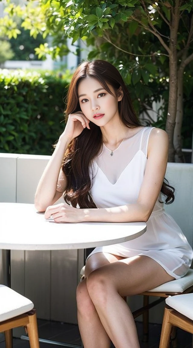 Dark brown hair、Light brown eyes、Japanese actress、 Lady、I am about 40 years old...、(Intricate details:1.2)、(Which is the top???:1.4)、 (Ultra-high resolution:1.2)、Ultra-high resolution、(Finely tuned)、(Detailed facial features)、Hmph、8K resolution、D cup size breasts、Long Hair、Sunny terrace cafe.Extravagant space、relax、、,Full body photo、Head to toe shot、Beautiful feet、Transparent Chiffon Dress、Beautiful feet、A refreshing terrace cafe with sunlight streaming in、she, (plant:0.8), Fashion Hub, Attention to detail, Very detailed, Realistic, Hourglass Shaped Body, Obscene pose,、、私 cry a lot、tears、person on the left、White wall、White floor、White chair、Cafe table、diagonally from below、please lift your chin、Please lean back in your chair、cafe morning、relaxした表情、Pose of Weakness、