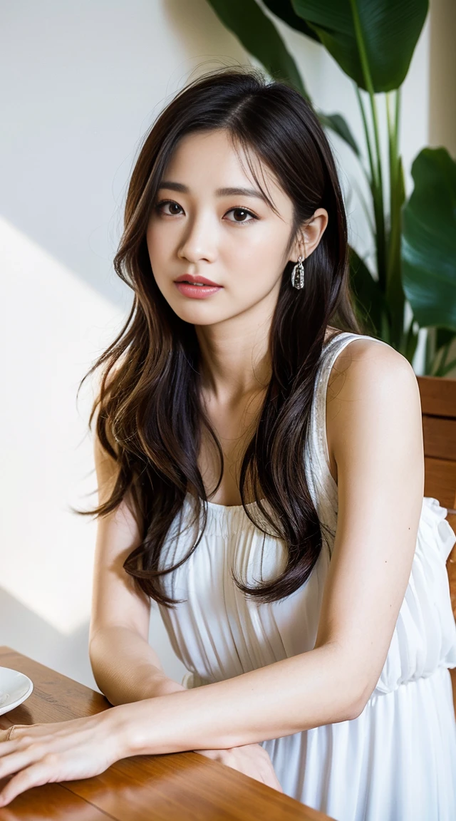 Dark brown hair、Light brown eyes、Japanese actress、 Lady、I am about 40 years old...、(Intricate details:1.2)、(Which is the top???:1.4)、 (Ultra-high resolution:1.2)、Ultra-high resolution、(Finely tuned)、(Detailed facial features)、Hmph、8K resolution、D cup size breasts、Long Hair、Sunny terrace cafe.Extravagant space、relax、、,Full body photo、Head to toe shot、Beautiful feet、Transparent Chiffon Dress、Beautiful feet、A refreshing terrace cafe with sunlight streaming in、she, (plant:0.8), Fashion Hub, Attention to detail, Very detailed, Realistic, Hourglass Shaped Body, Obscene pose,、、私 cry a lot、tears、person on the left、White wall、White floor、White chair、Cafe table、diagonally from below、please lift your chin、Please lean back in your chair、cafe morning、relaxした表情、Pose of Weakness、