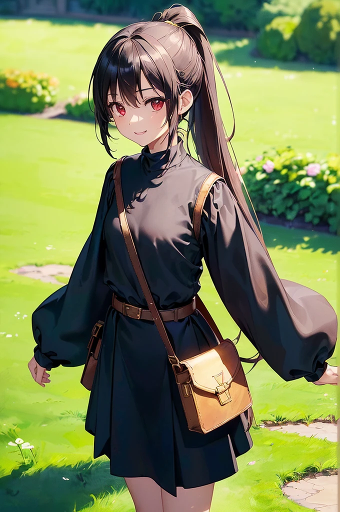 (masterpiece; best quality: 1.2), (finely detailed eyes: 1.3), ((10 year old female ???)), ((solo)), (red eyes: 1.4), (body; short, slender, small breasts: 1.3), (black hair in ponytail: 1.3), (beautiful and clear background: 1.2), ((depth of field)), (clothes: wanderer mage attire + white-and-gold wide-sleeve high-neck shirt + very long black skirt + belts + traveler pouches and satchel: 1.3), (anime illustration: 1.2), (background; garden exterior: 1.1), (extremely fine and beautiful: 1.1), (shot composition; standing + centered on torso + close-up: 1.5), (expression; calm, smile: 1.2)