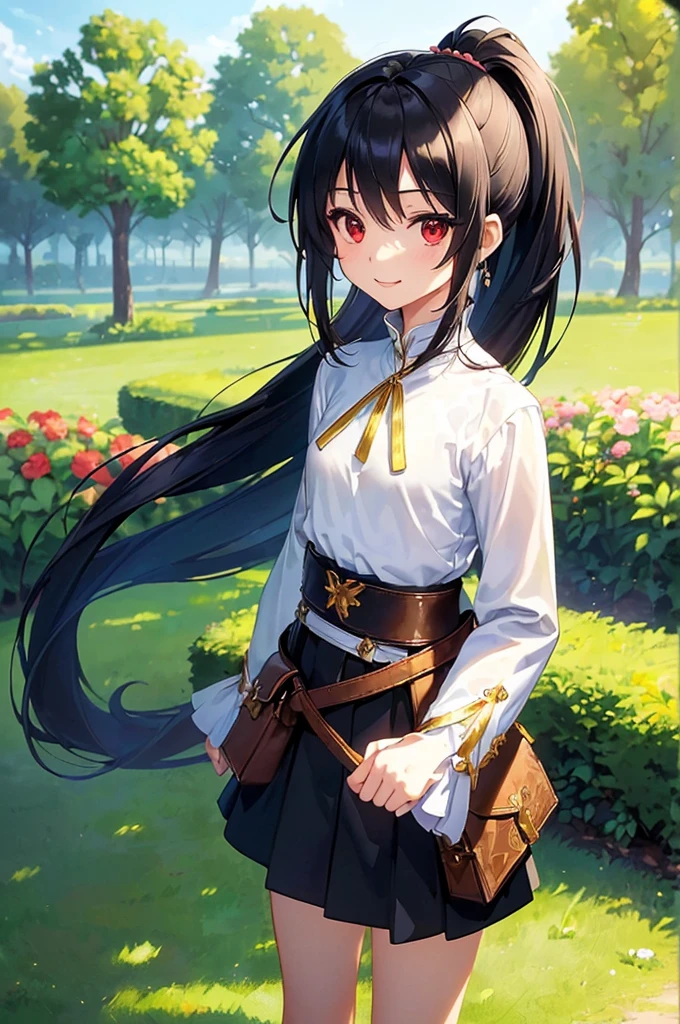 (masterpiece; best quality: 1.2), (finely detailed eyes: 1.3), ((10 year old female ???)), ((solo)), (red eyes: 1.4), (body; short, slender, small breasts: 1.3), (black hair in ponytail: 1.3), (beautiful and clear background: 1.2), ((depth of field)), (clothes: wanderer mage attire + white-and-gold wide-sleeve high-neck shirt + very long black skirt + belts + traveler pouches and satchel: 1.3), (anime illustration: 1.2), (background; garden exterior: 1.1), (extremely fine and beautiful: 1.1), (shot composition; standing + centered on torso + close-up: 1.5), (expression; calm, smile: 1.2)