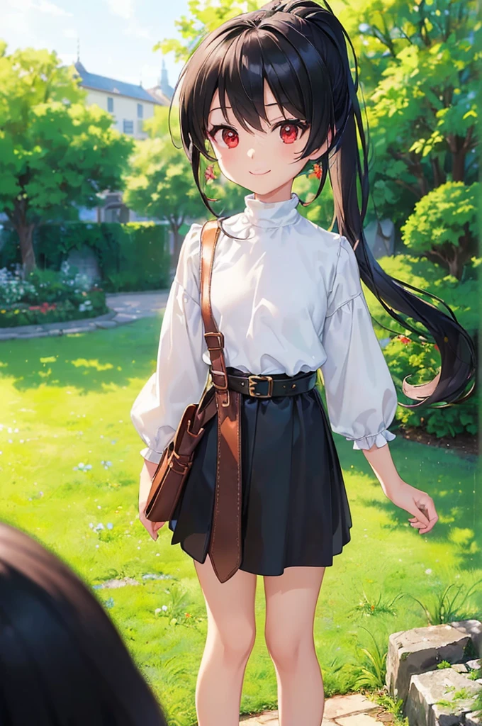 (masterpiece; best quality: 1.2), (finely detailed eyes: 1.3), ((10 year old female kid)), ((solo)), (red eyes: 1.4), (body; short, slender, small breasts: 1.3), (black hair in ponytail: 1.3), (beautiful and clear background: 1.2), ((depth of field)), (clothes: wanderer mage attire + white-and-gold wide-sleeve high-neck shirt + very long black skirt + belts + traveler pouches and satchel: 1.3), (anime illustration: 1.2), (background; garden exterior: 1.1), (extremely fine and beautiful: 1.1), (shot composition; standing + centered on torso + close-up: 1.5), (expression; calm, smile: 1.2)