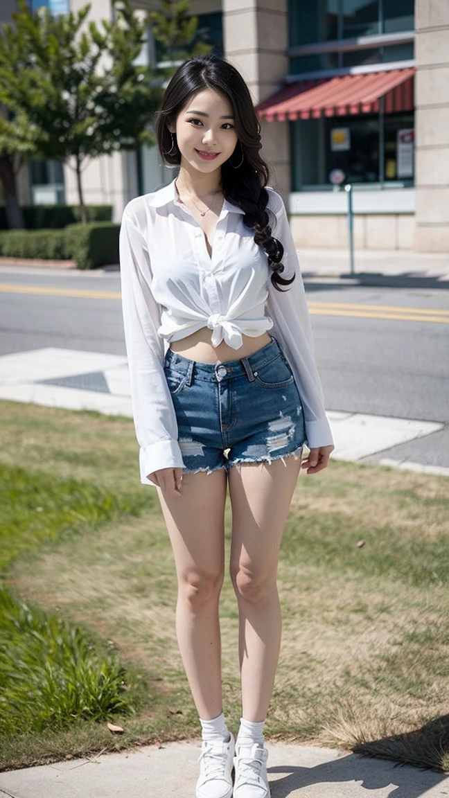  Wearing a white shirt， girl, （tight top：1.5），close your mouth and smile，legs long，Skinny super shorts，White skin of the，high high quality，4K, Face-to-face audience, 1 plump girl，hair tying up，at the street side，（Bring your legs together：1.5），with a round face， 32 inches in the chest, (sexy pose),(standing pose) ,(full body shot)、Chest 32 inches, ,Stand on the grass and take pictures