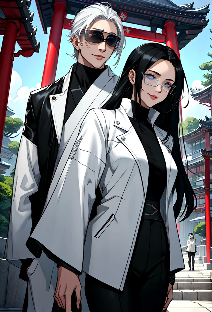 generates an adult woman with long black hair and light blue eyes, futuristic white clothes wearing a leather jacket, a loving smile with an aura of tranquility, next to her tall teenage son with messy white hair and sunglasses, a happy mother with her son, a modern Japanese temple. landscape