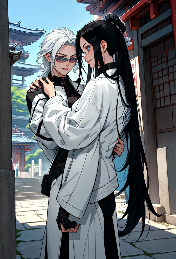 generates an adult woman with long black hair and light blue eyes, futuristic white clothes wearing a leather jacket, a loving smile with an aura of tranquility, next to her tall teenage son with messy white hair and sunglasses, a happy mother with her son, a modern Japanese temple. landscape