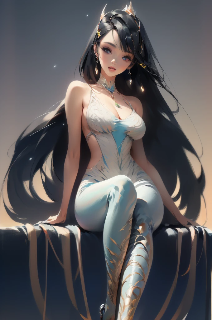by Wlop, (Masterpiece) (Highest quality:1.4), (Highest Detailed:1.3), absurdres, Odette_ML, large breasts, thick thighs, full body composition, lifelike,smiling, Striking Contrast, Bold Composition, Evocative Intrigue, masterpiece,best quality, beautiful and aesthetic, cinematic composition, dynamic pose, (Rendered in ultra-high definition (UHD) resolution 8K:1.4), RAW,