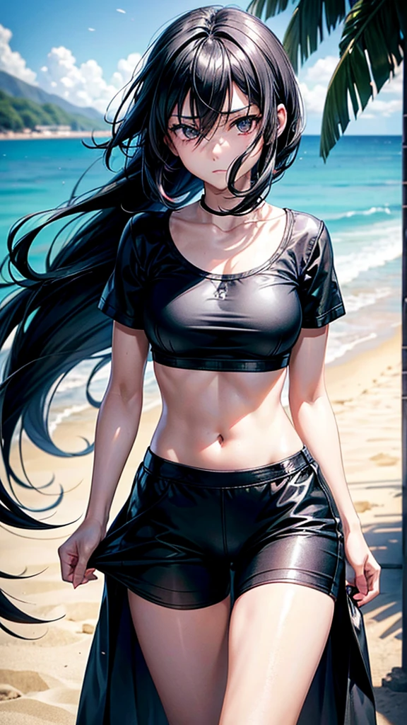 (cabello despeinado), (illustration), retrato, (fondo de ciudad futurista), (arms behind back), Cintura delgada, gran sonrisa, abdominales fuertes, chica delgada, strong abs, muscle girl, front pose, big thighs, focus on face, flat chested, large city background, blue hair, red eyes, skirt, sit on rock, detailed vagina, nude, sailor suit