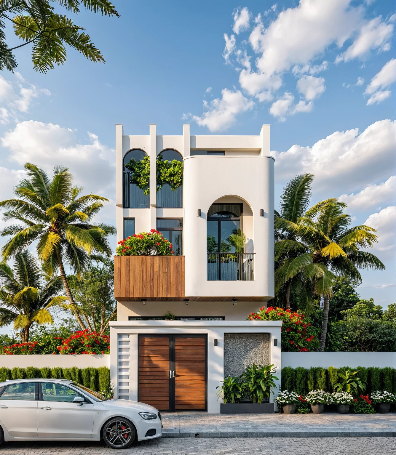 Masterpiece, high-end, best quality, authentic, super detailed, outdoor, aiaigroup, modern 2-storey townhouse, stairs, white walls combined with wood, wind encaustic tiles, iron gate, conwood ceiling, flowers , path, summer evening, grass, trees, sky, clouds, (daylight: 1.1)
