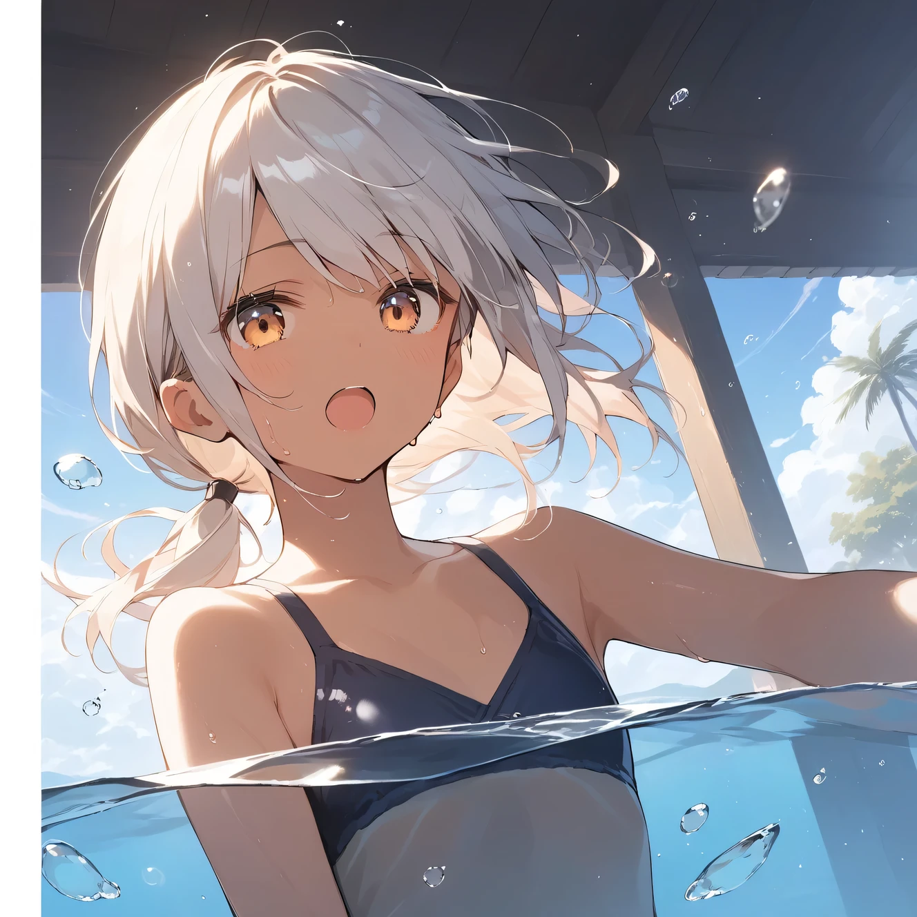 score_9, score_8_up, score_7_up, source_anime, best quality, masterpiece, official art, absurdres, highres, ultra-detailed,waifu2x,Collection: Slice of Life,break,1girl, tomboy, dark-skinned female, short hair, low ponytail, flat chest, beautiful detailed eyes, swimsuit, sweat, open mouth, (yawn:0.3), sleepily, swimming, outdoors, wind, break,(clear line illustration:1.2),very high resolution, very aesthetic, super detailed skin, Best sexual lighting powered by famous artist, 8k,cute picture,beauty illustration,photoshop_(medium),,(Detailed Lighting),best anime 8k konachan wallpaper, pixiv contest winner,
