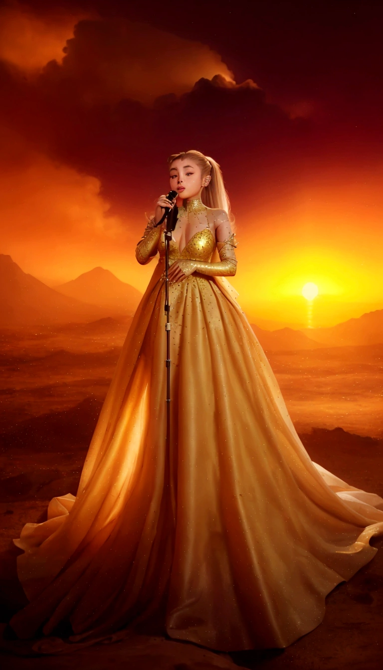 A beautiful detailed girl, Ariana Grande, wearing a long flowing gown made of stars, holding a microphone, performing on a stage, her blonde hair in a ponytail, bathed in golden light against a sunset background, photorealistic, highly detailed, cinematic lighting, masterpiece