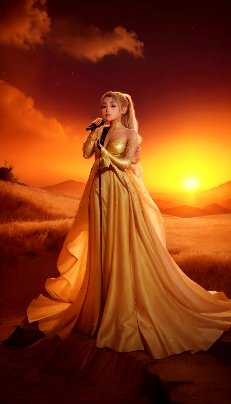 A beautiful detailed girl, Ariana Grande, wearing a long flowing gown made of stars, holding a microphone, performing on a stage, her blonde hair in a ponytail, bathed in golden light against a sunset background, photorealistic, highly detailed, cinematic lighting, masterpiece