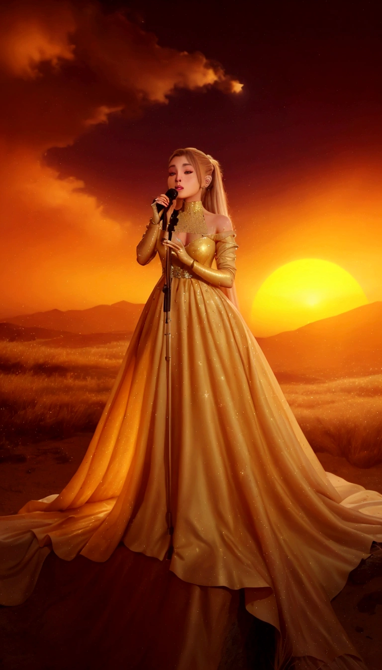 A beautiful detailed girl, Ariana Grande, wearing a long flowing gown made of stars, holding a microphone, performing on a stage, her blonde hair in a ponytail, bathed in golden light against a sunset background, photorealistic, highly detailed, cinematic lighting, masterpiece