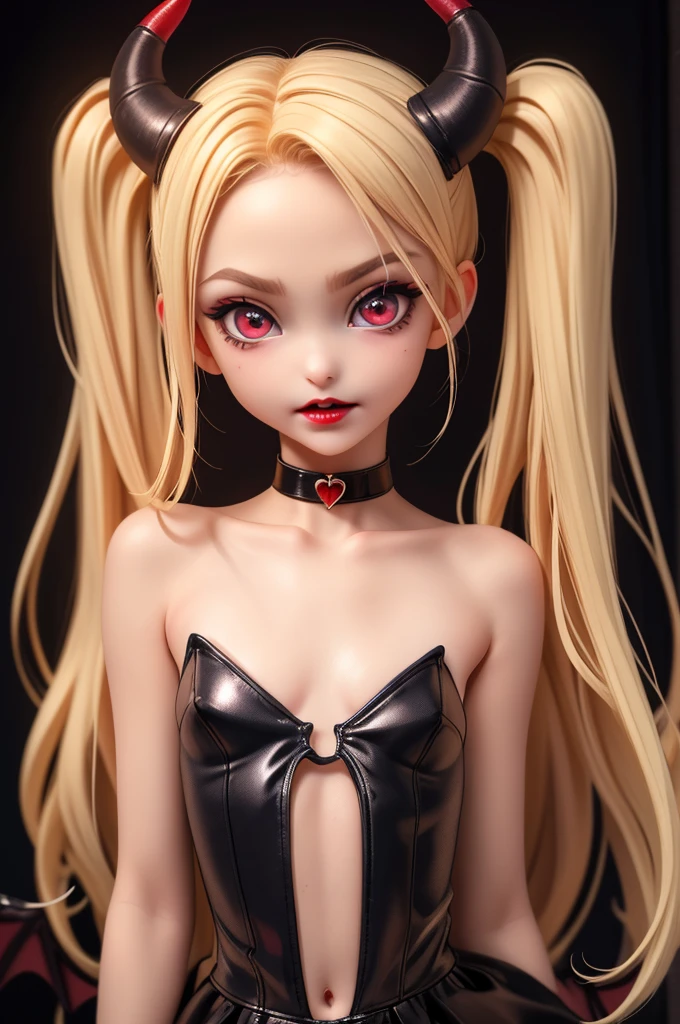 hyperrealistic 14 year old demon , blonde, perfect tiny body, sexy, dark makeup, small choker, perfect slim face, big red lips, very cute face, tiny body, big eyes, young looking, childish looking, devil wings, devil horns, devil tail, perfect body
