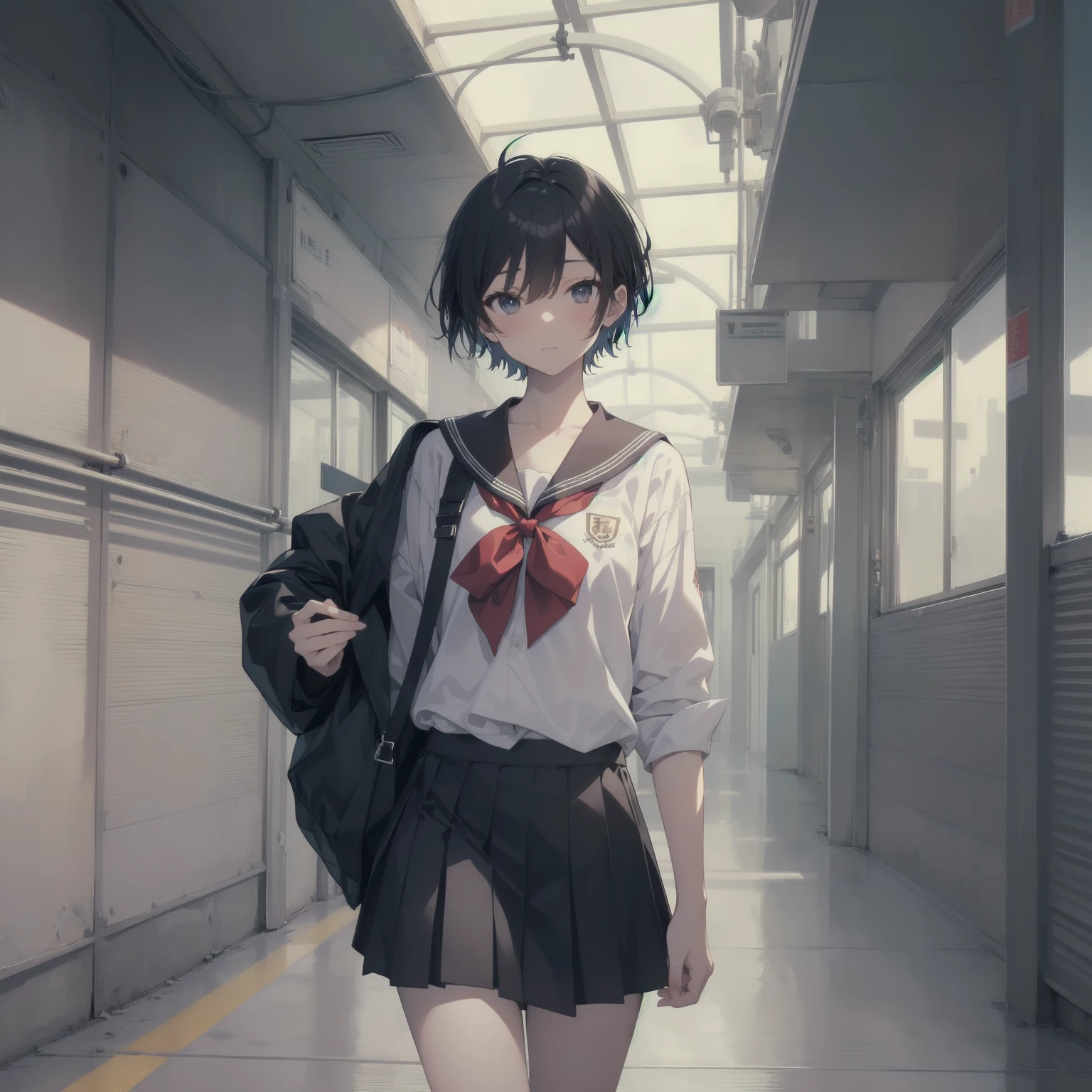 ultra-absurdres-Top quality by artist God, ultra-detailed, high resolution, anime moe artstyle, best anime 8k konachan wallpaper, pixiv contest winner, pool:2810, perfect anatomy,break, 1girl, (Please draw a girl walking sleepily to school alone. )break,(Solo,little female, 13-year-old:1.3),Full limbs, complete fingers,a junior high school student, (very short hair), short cut, flat chest, , small butt, small black eyes, beautiful detailed eyes, well-proportioned iris and pupils, expressive eyes, highres detailed hair, soft expression, salor school_uniform, sailor collar, serahuku, bow, pleated skirt,(Detailed Lighting), (Detailed background), in the School commute route. break,super detailed skin, Best cinematic lighting powered by famous artist, 8k,beauty illustration,photoshop_(medium),very aesthetic,break,((artist:toosaka_asagi )), artist:clamp ,artist:carnelian ,artist:kantoku ,