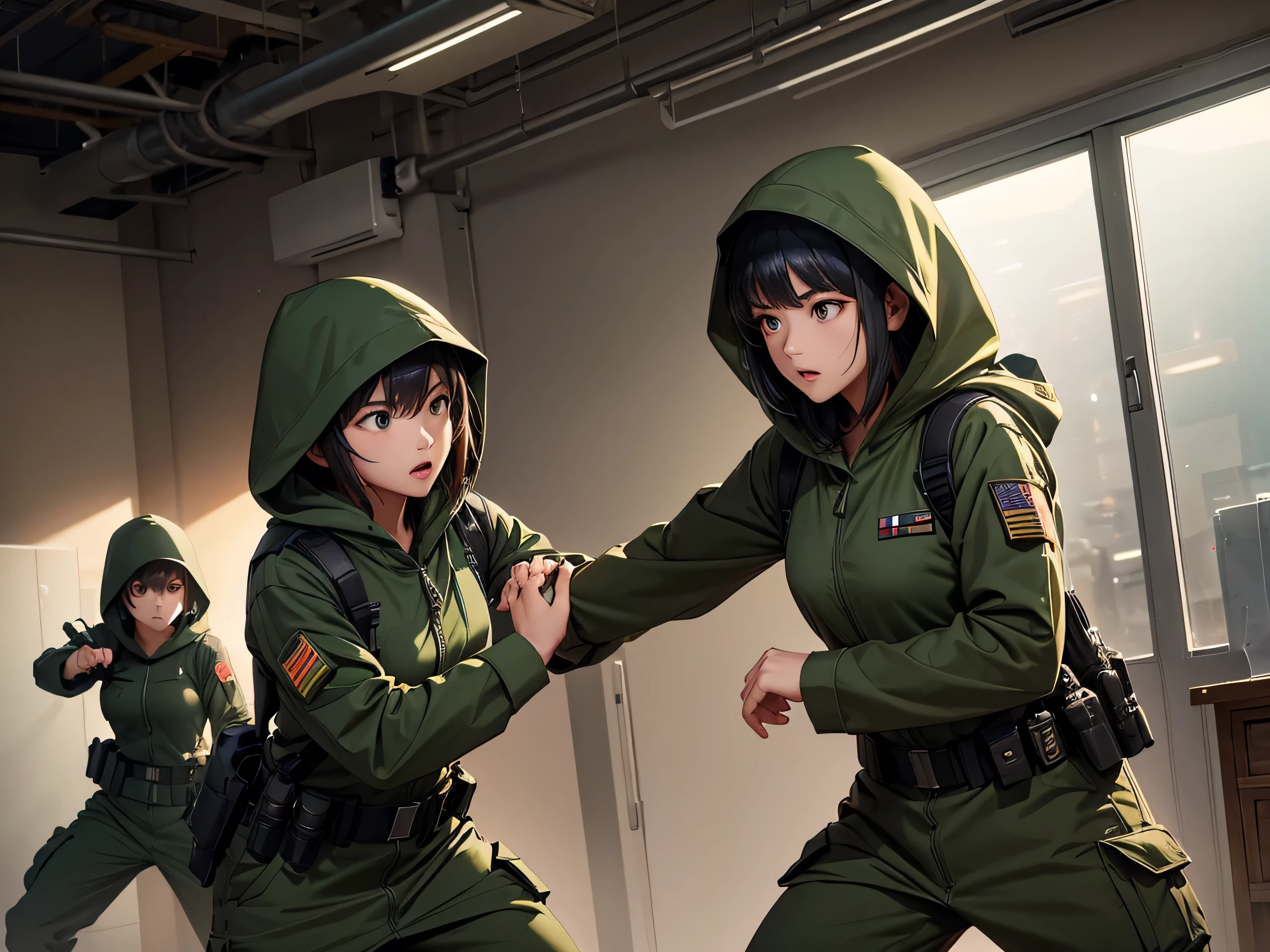 Four female soldiers fighting unarmed、Wearing dark green M-51 hooded military uniform、Hooded on head、Military Pants、Magazine Pouch、Hand-to-hand combat、Front view、best quality、Highly detailed CG、8K picture quality、Theatre lighting、lens flare