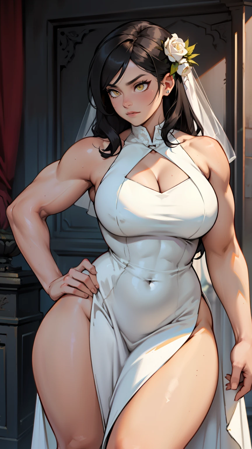 wide hips curvy thick thighs voluptuous large breasts muscular toned body bodybuilder black hair pale skin yellow eyes skintight expressionless solo wedding dress wedding dress wedding dress