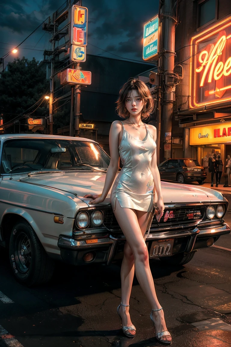 ((masterpiece, best quality, Best image quality, high resolution, realistic, raw photo, 8K)), Araped view of motel with cars parked in front, with neon sign, Woman waiting for guests in front of motel, Temptation, short dress and high heels, route 66, neon sign, 1 9 5 0 Second Americana Tourism, some have neon sign, Neon Lights Outside, neon advertising, gigantic neon sign, neon stores, Writer : Arnie Swekel, few neon sign, neon sign in background,