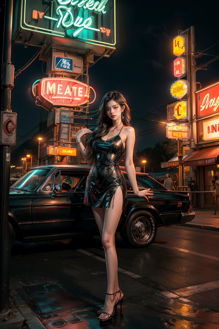 ((masterpiece, best quality, Best image quality, high resolution, realistic, raw photo, 8K)), Araped view of motel with cars parked in front, with neon sign, Woman waiting for guests in front of motel, Temptation, short dress and high heels, route 66, neon sign, 1 9 5 0 Second Americana Tourism, some have neon sign, Neon Lights Outside, neon advertising, gigantic neon sign, neon stores, Writer : Arnie Swekel, few neon sign, neon sign in background,