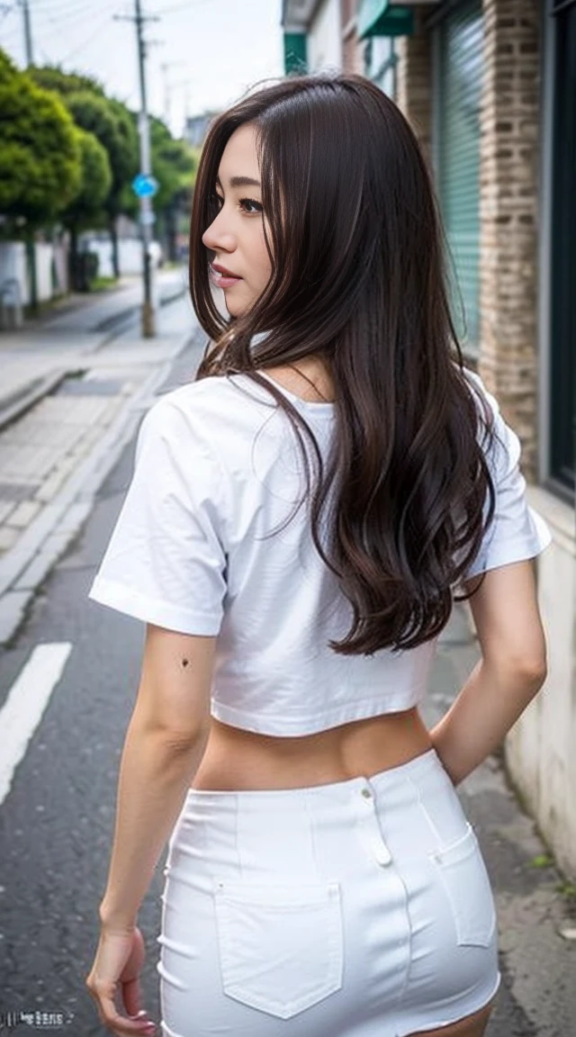 Dark brown hair、Light brown eyes、Japanese actress、Lady、I am about 40 years old..、(Private NTR Private Category Detail Private L:1.2)、(top-qual私ty:1.4)、 (Ultra-high resolution:1.2)、Ultra-high resolution、(Eye for detail)、(Detailed facial features)、Hmph、8K resolut私on、D cup breasts、Long Hair、Back view of a person walking on the street、Walking along the seaside streets、Crop T-shirt、I can see the skin on my hips、white mini skirt、Beautiful and shiny hair、Beautiful ass、Beautiful feet、fashionable, Attention to detail, Very detailed, Realistic, Obscene pose,、