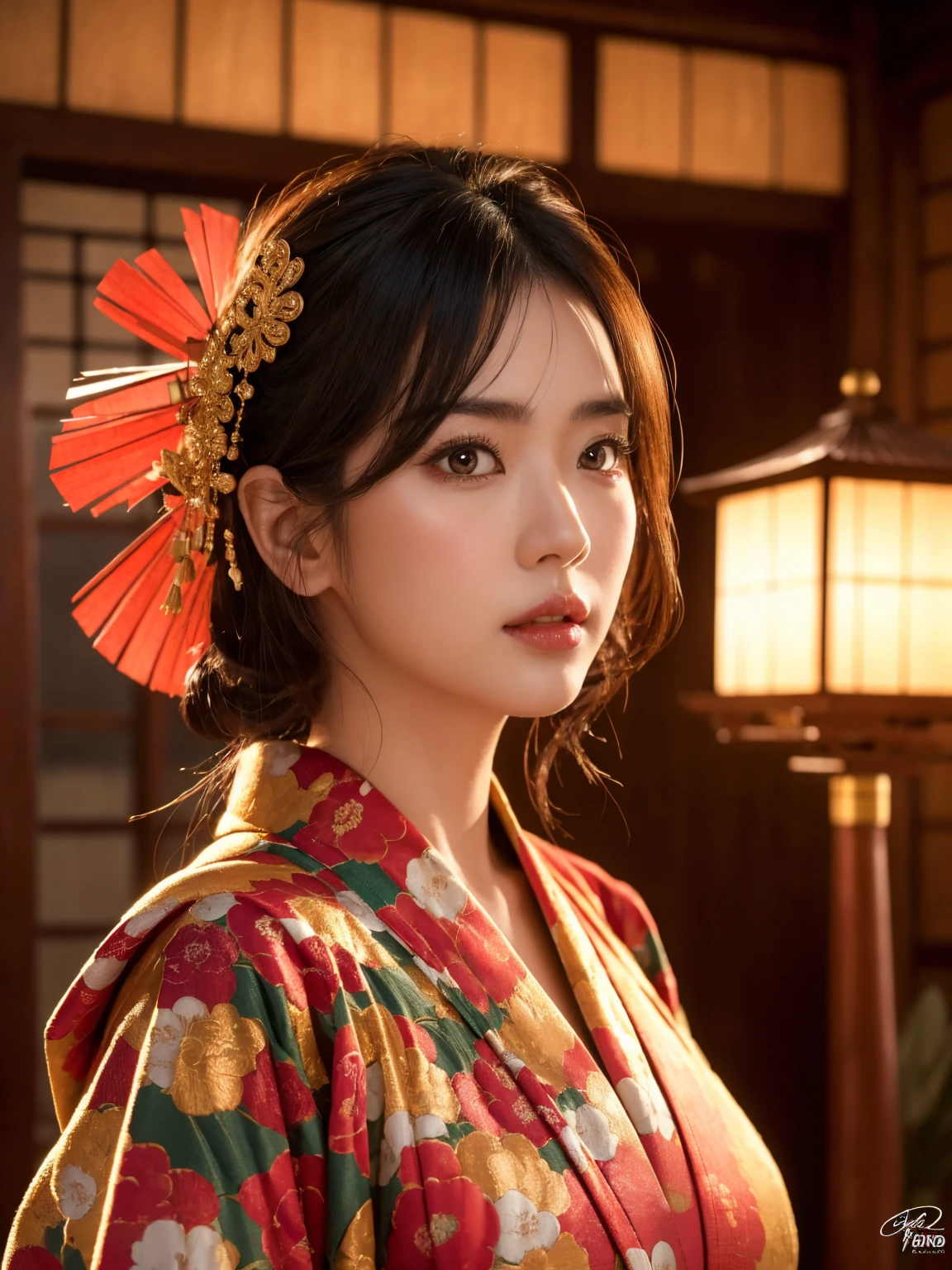 big breasted japanese woman in elaborate kimono, ornate shrine, cinematic atmosphere, (best quality,4k,8k,highres,masterpiece:1.2),ultra-detailed,(realistic,photorealistic,photo-realistic:1.37),(looking at viewer),highly detailed face,beautiful detailed eyes,beautiful detailed lips,extremely detailed eyes and face,long eyelashes,intricate kimono design,ornate shrine background,warm lighting,dramatic shadows,vibrant colors,photorealistic