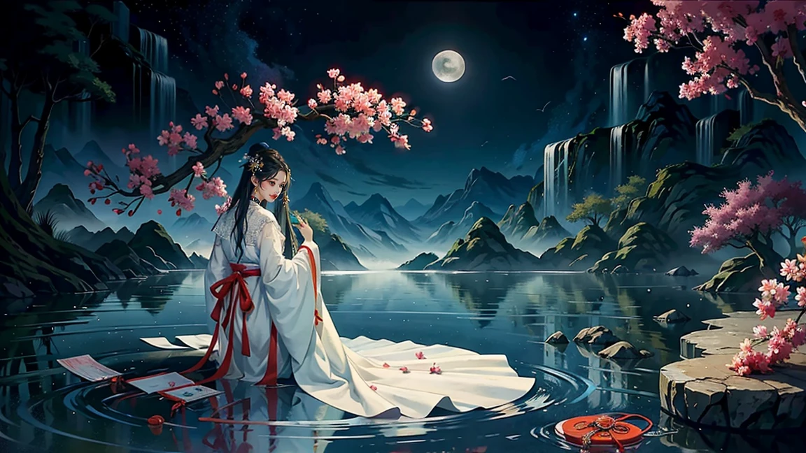 Official Art, Unity 8K wallpaper, Extremely detailed, beautiful and aesthetic, masterpiece, best quality, For the world，You may be alone，But for someone，You could be the whole world, paradox, Adrian Genius, Jenny Savile, Edward Hope, Surrealism, The Dark Arts of James Jean, Takato Yamamoto, 墨water朋克极简主义, fashion magazine, Editorial Photography,  gufeng, moon, Tree, Solitary, water, flower, Branches, night, Black Hair, Back to, shawl, full moon, (1 Girl), in Tree, Long hair, Sky, sit, Chinese clothes, Hanfu, crescent moon, permanent, outdoor 